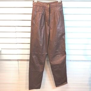 Vintage 80s Toffs Brown 100% leather pleated trouser pants tapered leg Size 8